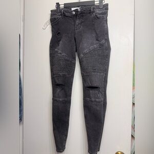 H&M Divided Skinny Fit Moto Jeans Faded Black Distressed Ribbed Knees